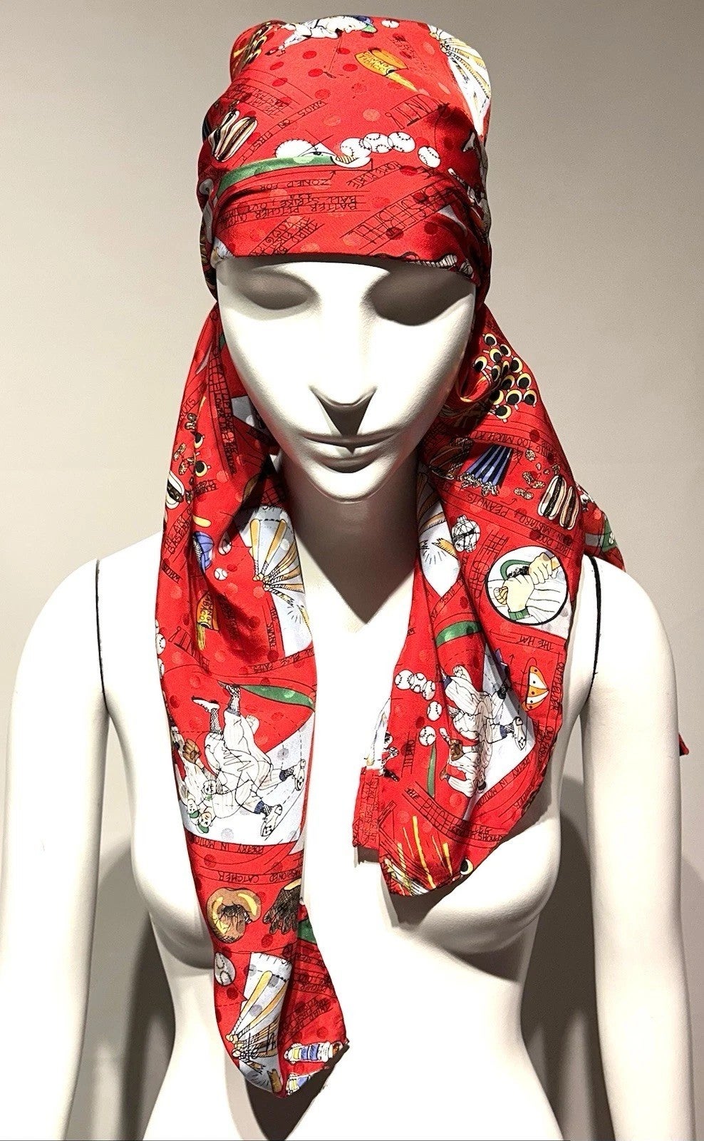 Scarf / Nicole Miller / Red Silk Twill Baseball Theme / all, photo 1 of 4