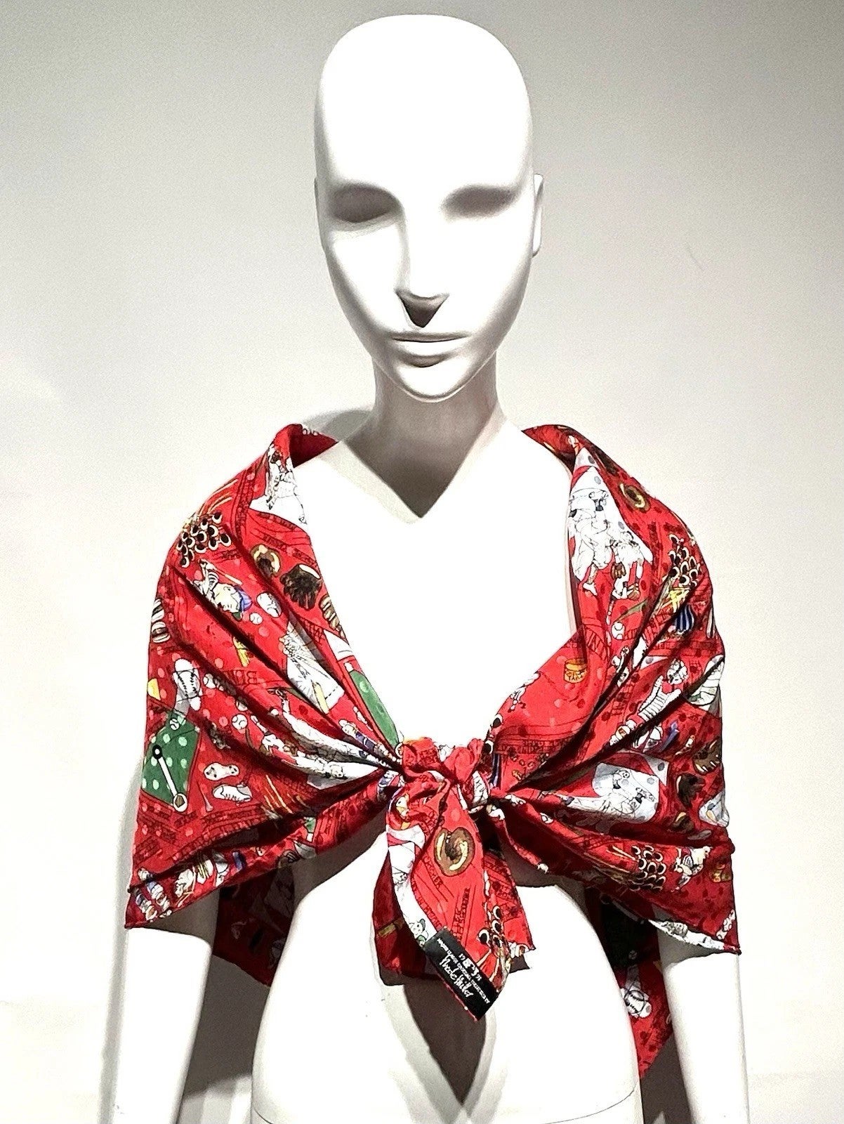 Scarf / Nicole Miller / Red Silk Twill Baseball Theme / all, photo 2 of 4