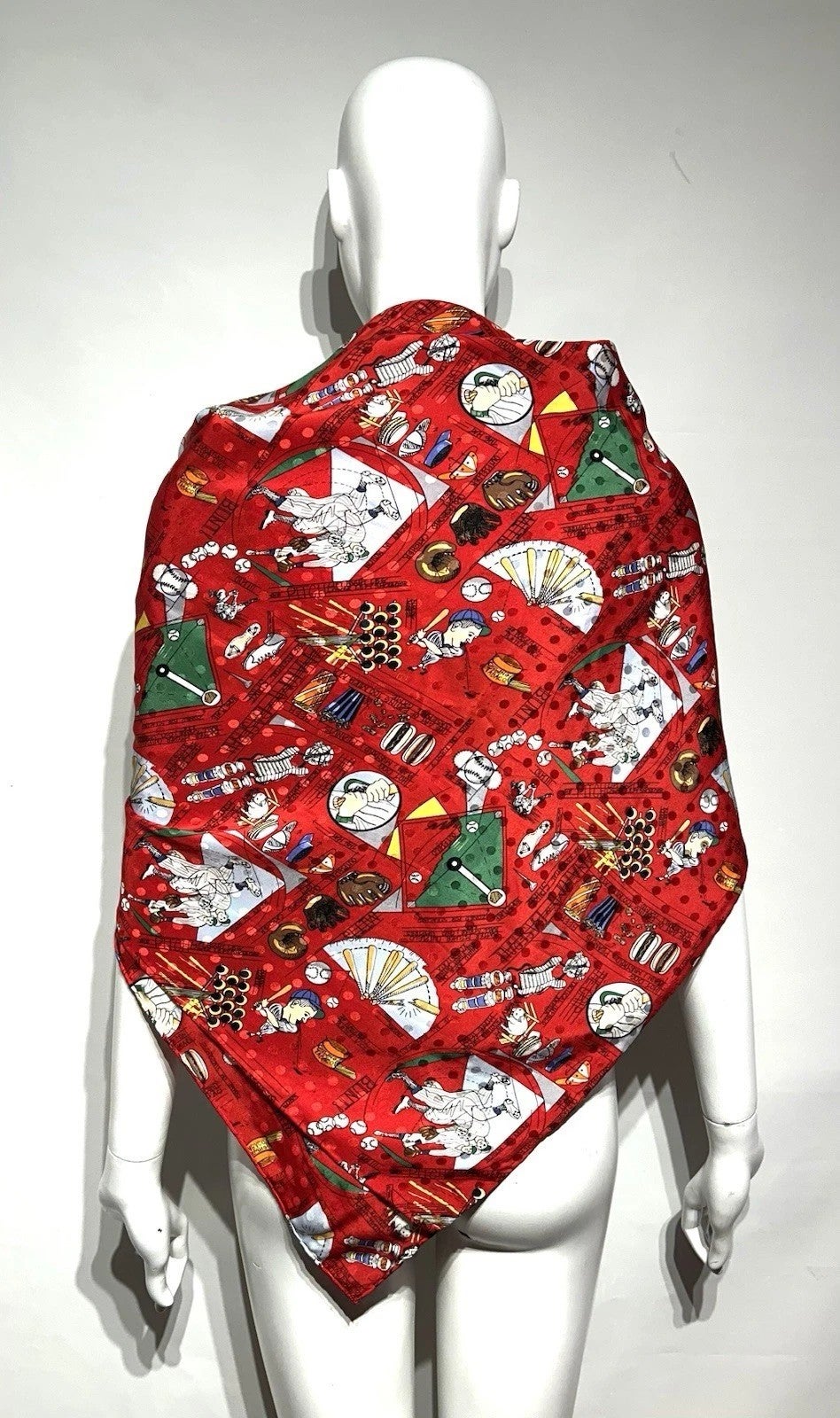 Scarf / Nicole Miller / Red Silk Twill Baseball Theme / all, photo 3 of 4