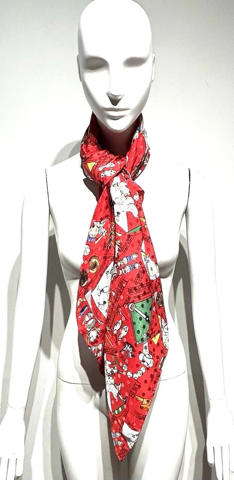 Scarf / Nicole Miller / Red Silk Twill Baseball Theme / all, photo 4 of 4