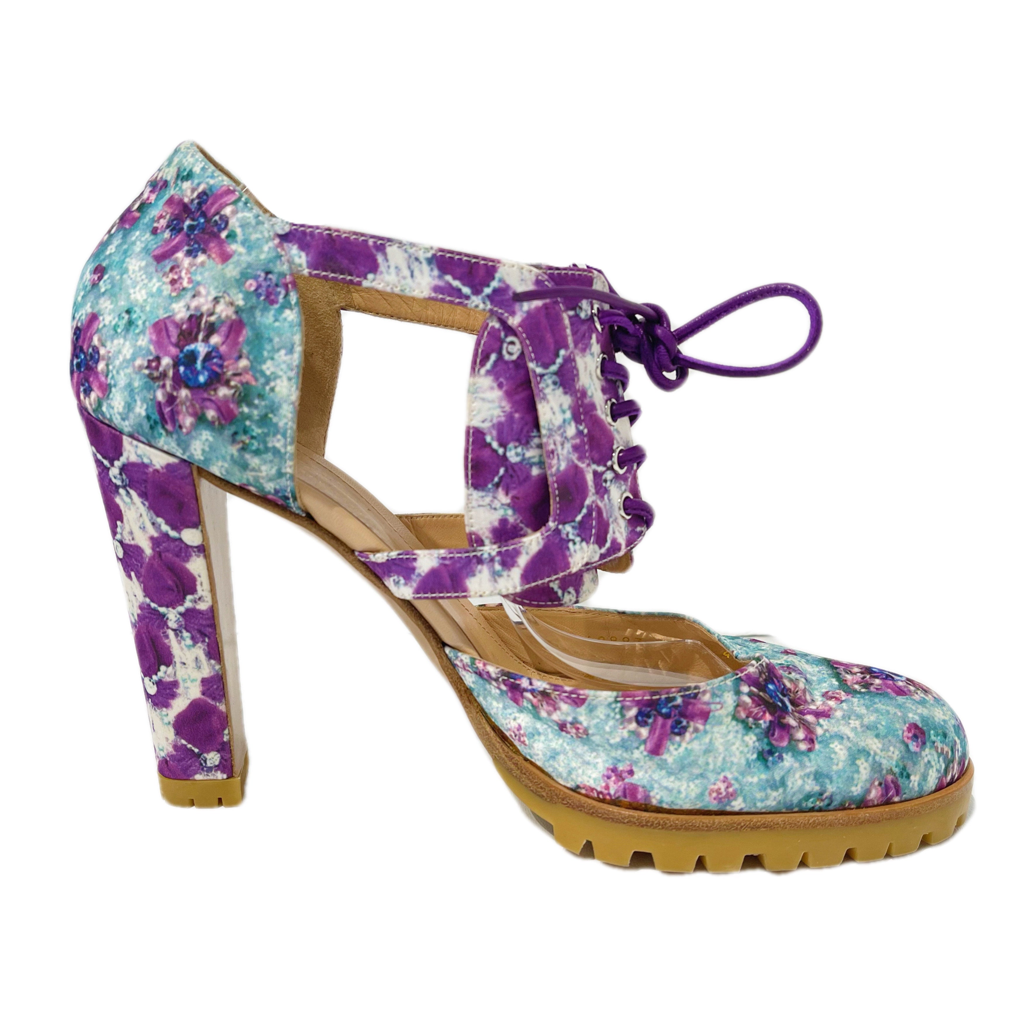 Women's Chunky Heeled Sandals Peep Toe Floral Print Ankle - Temu